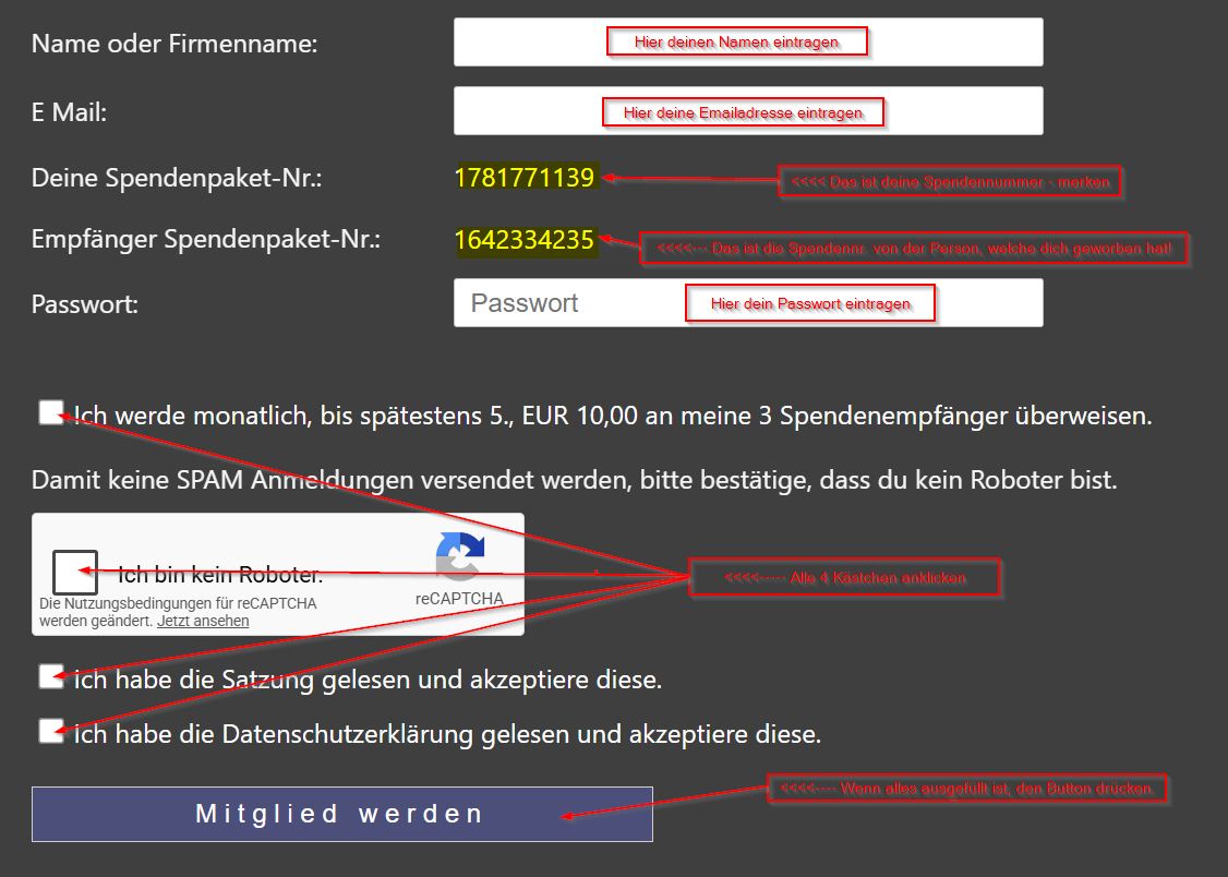 Screenshot Registrierungsformular
