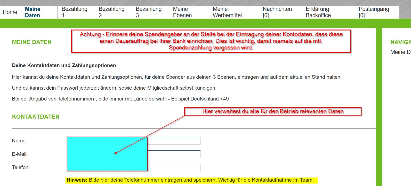 Screenshot Profil und Zahlungsdaten